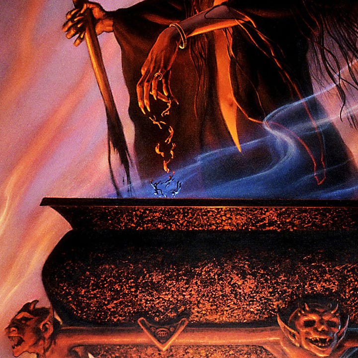 LEFT: Detail from HECATE'S CAULDRON featuring an enchantress dropping ingredients into her witches brew as she stirs the cauldron with a human femur that is dissolving in in the solution. RIGHT: Close detail from HECATE'S CAULDRON featuring tiny men tumbling out of a taloned hand into the witches cauldron. The metal is roughly textured, held up by a smooth ring decorated with a pair of demon faces. Between them contained in a V-shaped accent is the artist sigil, the letters M and W bound by a circle.