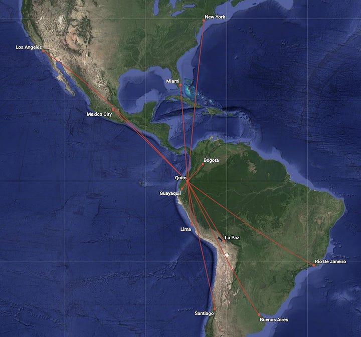 Route Maps displaying route networks for Guayaquil-GYE (L) and Quito-UIO (R).