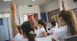 Left: girls raising hands in class; right: laughing girls with shopping bags