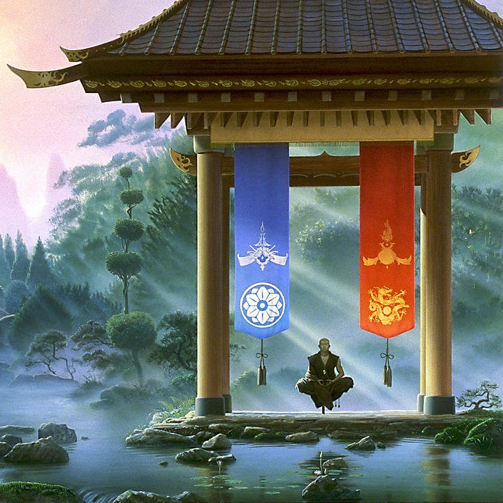 LEFT: Detail from SHONTO'S GARDEN featuring a solitary monk lost in meditation under a pergola with wide overhanging eaves like a pagoda. With legs crossed and hands resting in his lap, he levitates a few feet off the ground. On either side of him hangs a blue banner with a simple Japanese flower crest and a red banner with an ornate Chinese dragon. The background scenery is that of a lush Asian water garden. RIGHT: A bald monk levitates with legs crossed. The end of his robes hang underneath him tugged by gravity. In his lap, his thumb and fingers meet in an inverted steeple. A long crystal hangs from a cord around his neck. His robes are uneven with one arm bare and exposed.