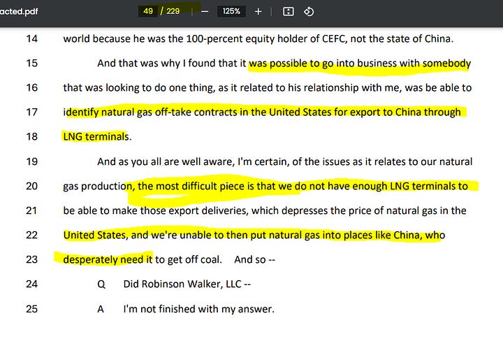 Hunter's Deposition response. Though this is a head fake as the Chinese had ZERO interest in Monkey Island with Greg Michaels. Instead they sought Magnolia & Texas LNG. JiaQi Bao made that abundantly clear in her emails to Hunter November 2017.