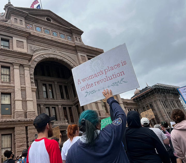 Each image shows crowds of people standing in front of the state capitol holding up various signs 