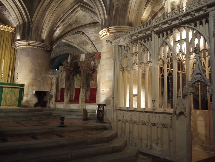 Chantry looks a bit like a cage to one side of the altar, small interior with medieval painting, and photo of effigy from guidebook