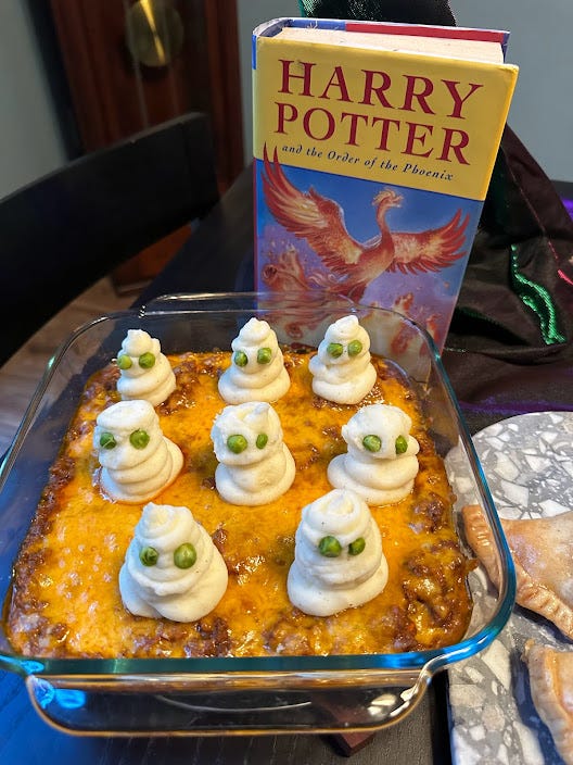 Meat and cheese layer; mashed potato ghosts.