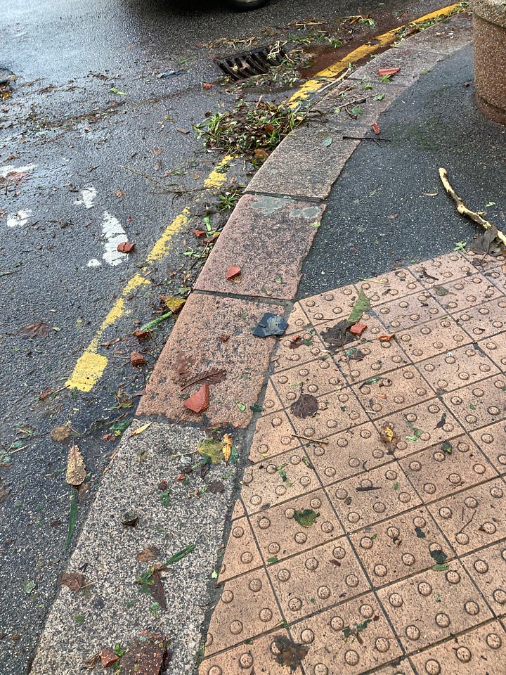 photos of titles, slates, twigs and other debris on roads and pavements