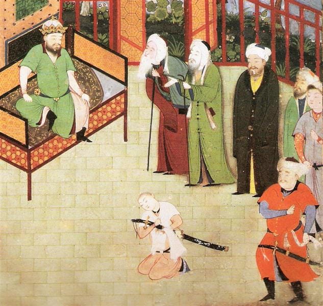1. A hunting scene 2. Harun al-Rashid and the barber, interior of a Hammam 3.Construction of a Palace in Herat 4. The elders plea with the king to forgive his son