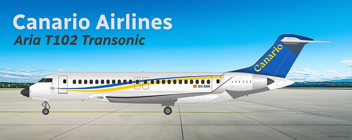 Canario Aria T102 Transonic in current livery, shown in side view while in midflight (L) and while parked on a tarmac (R).