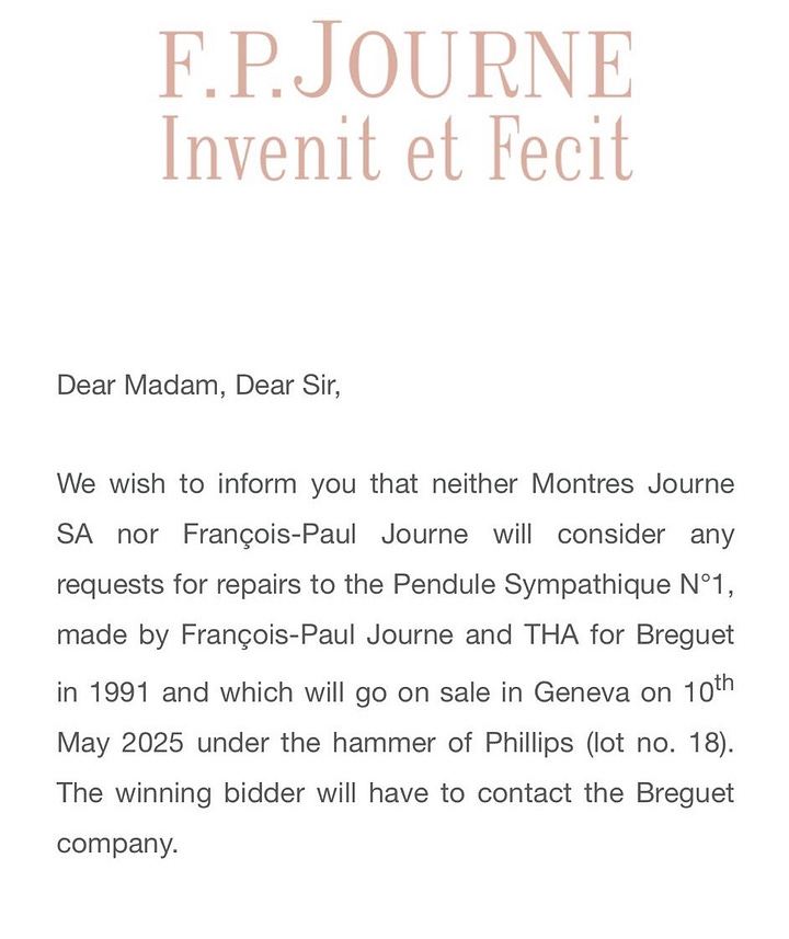 Breguet Sympathique Clock No. 1, and the email Journe sent prior to the sale.
