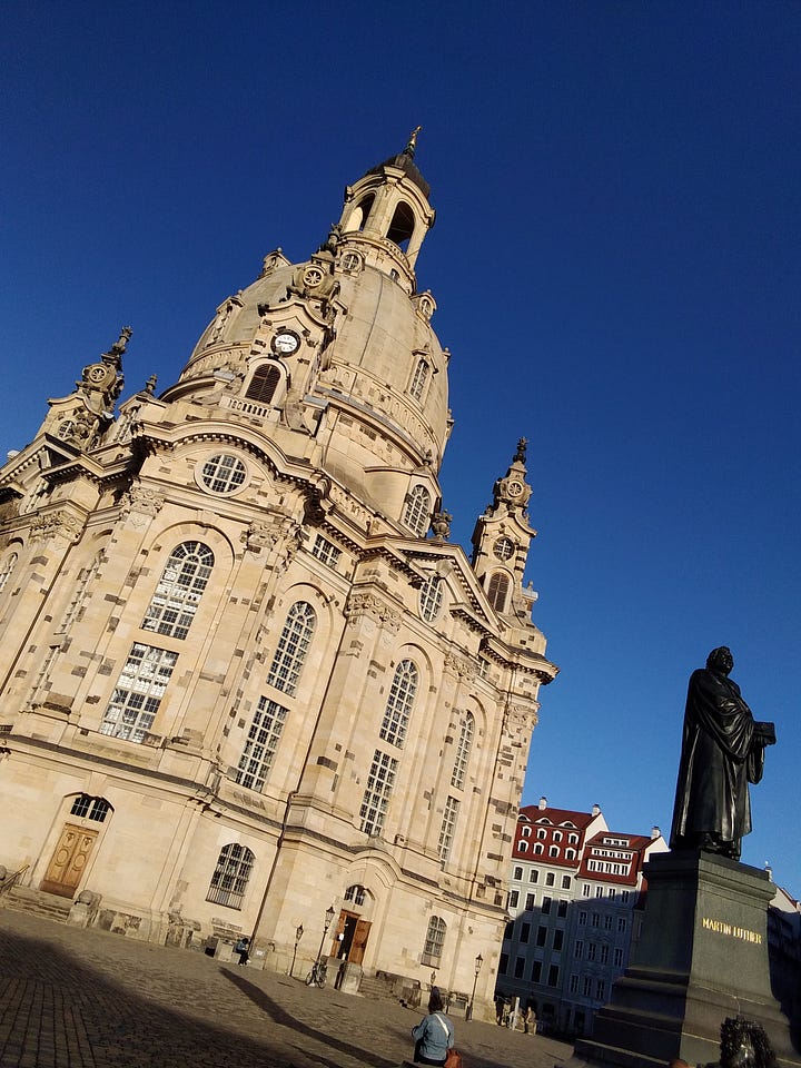 Images of Dresden, including Hellerau festival house and the longest mural in Europe.