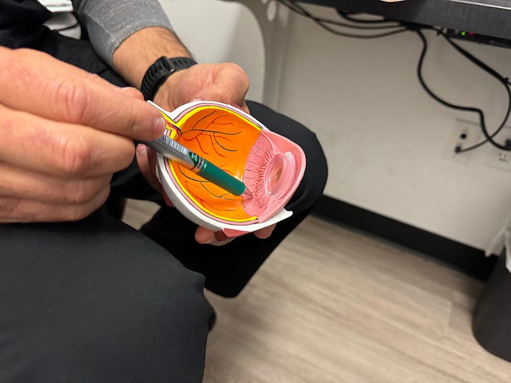 Two photos of an optometrist holding a plastic anatomical model of an eye. He is using a pen to point to certain areas.