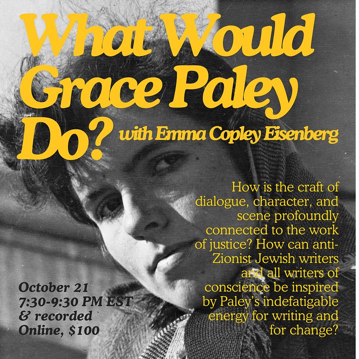 A black and white photo of Grace Paley with the yellow words overlaid, What Would Grace Paley Do? And a purple background with orange lettering with the title, Diving Into the Wreck