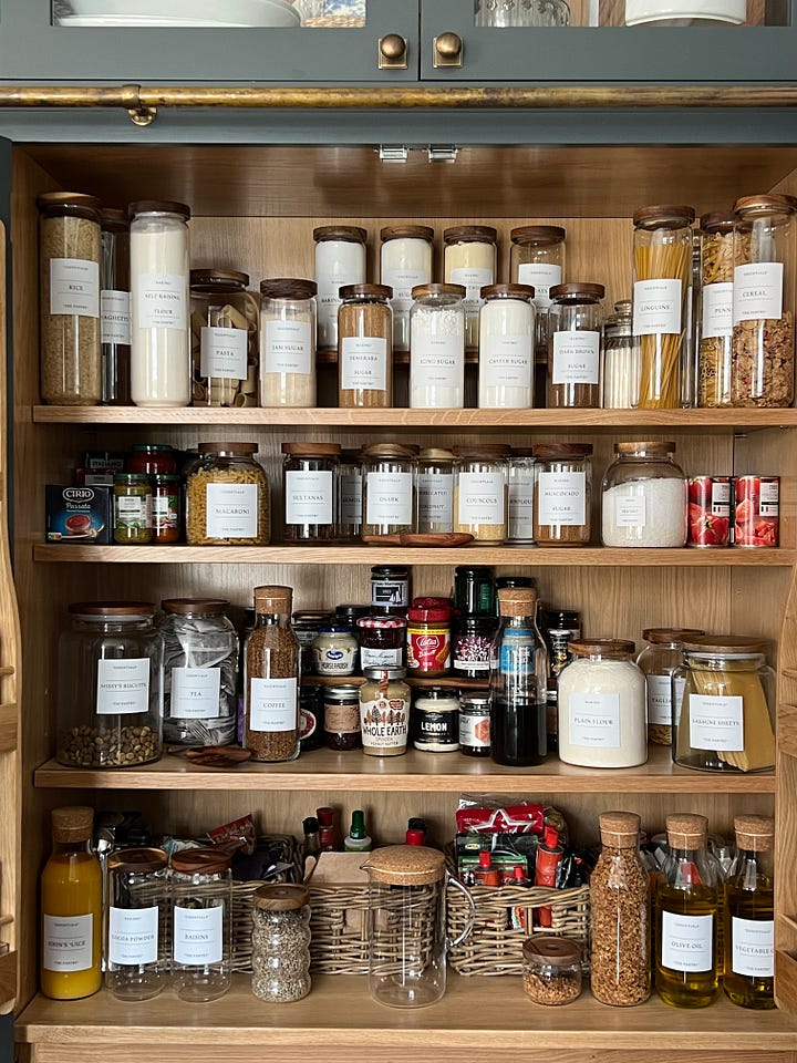 Hard with labels on and a pantry. 