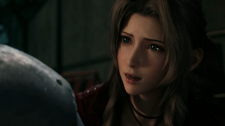 Aerith's facial expressions give away her knowledge of current events.