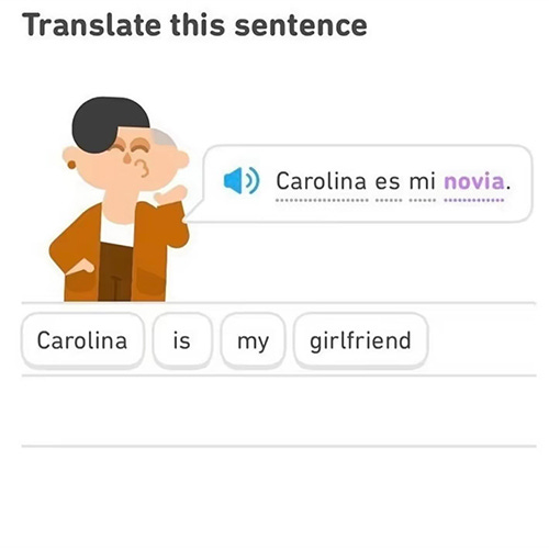 Three images of Duolingo lessons, one in Korean, two in Spanish. The sentences translate to "Her girlfriend is pretty," "Carolina is my girlfriend" (spoken by Lin, who is of undetermined gender uses she/they pronouns).