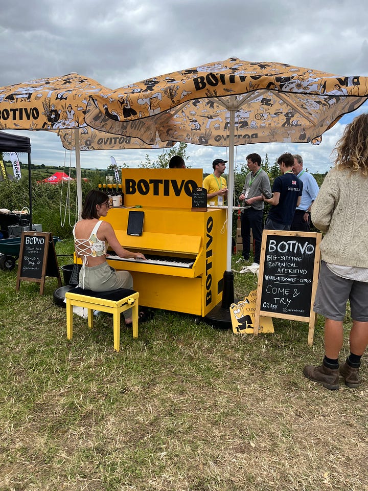 Three images of people at the Botivo drinks stand at the Groundswell regen farming event. Fourth image is of the entrance to the Botivo brewery on Lannock Farm in north Hertfordshire