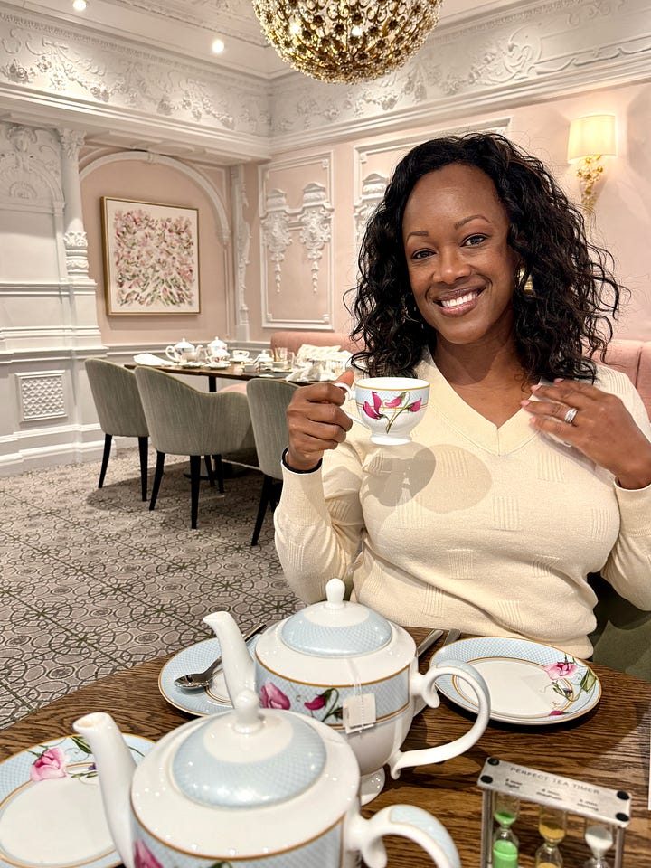 The images show the author, Bernette, at Buckingham Palace, with Big Ben in background, next to a red phone booth, and holding a cup of tea while seated. Photos are taken in London, England.