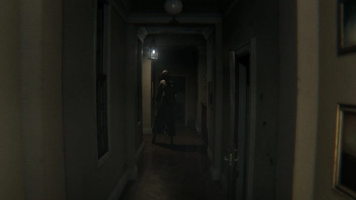 Corner of the L-shaped corridor in P.T.; A wall in the corridor of P.T., there's a marking on the wall saying "HELLO!"; View of the corridor in P.T., this time lit by red lights; Apparition "Lisa" seen from the corner of the corridor, P.T.;