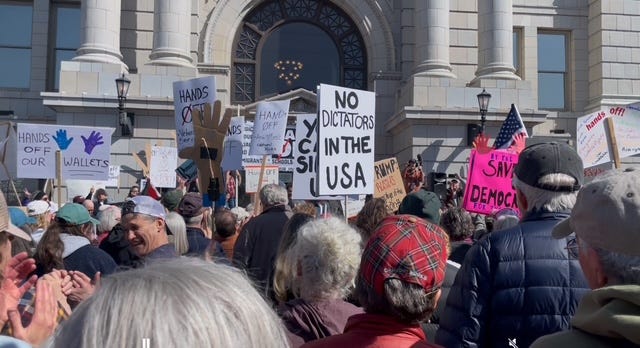 Clockwise from lefft: A large crowd in a plaza, dressed warmly and carrying signs; a large crowd in a park in front of a lovely looking mountain and a few houses; a woman wearing sunglasses, a hat and a jean jacket holding two signs in front of a crowd and some trees, one of which says "Beware DOGE" and the other of which reads Ban DDT (Dumb Donald Trump); a crowd in front of a fancy looking entryway to a government building, one of whom is carrying a sign that says "No Dictators in America."