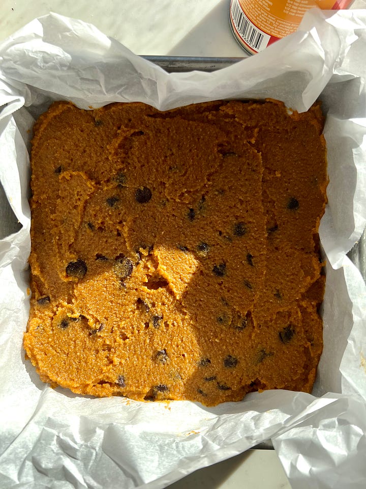 Pumpkin blondie batter in baking dish next to image of sliced pumpkin blondies.