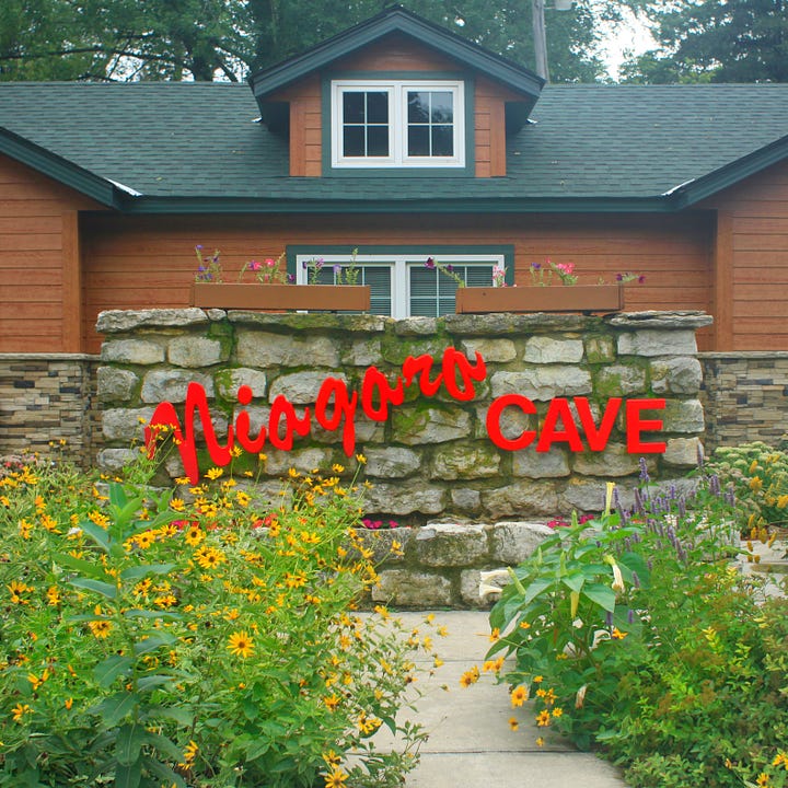 Outside photo of the Niagara Cave Visitor Center and an image from inside the cave