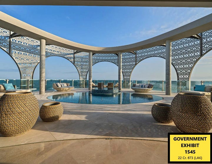 Four photos of the luxury apartment in The Bahamas, which is by all appearances enormous. It has marble floors, incredible views, a large outdoor space with a pool overlooking the city, an indoor/outdoor room with a blue tiled hot tub, and a media room with purple walls and carpet and purple lighting overhead.