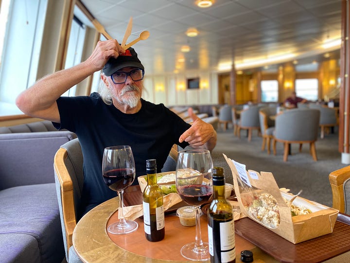 On board Irish Ferries with salad and wine