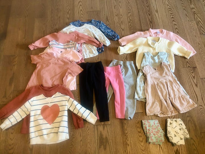 Outfits for 4 year old and 2 year old, including long and short sleeve shirts, cardigans, pants, dresses, and pajamas