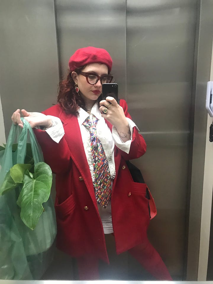 Left: Larissa in a artsy businessy red ensemble featuring a beret and a bag of plants. Right: Orange face mask and Euphoria starry-eyed lewk.