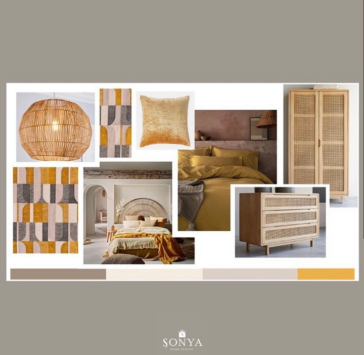 colour inspiration board and bedroom mood board incorporating yellow with a neutral colour palette