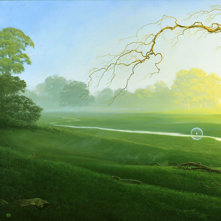 LEFT: Detail from THE CROSSING featuring a transparent sphere containing a solitary flame, floating over a fallen branch resting on plush green grass. The sphere intersects the line of a tiny stream that meanders off in the distance. To the left, mist rises off the softly rolling grass. In the distance, bushy topped trees stand hazy, shifting in hue to yellow on the right.  RIGHT: Detail from THE CROSSING featuring the leafless husk of a tree. The limbs are twisted bowing to the left. Several branches have splintered off and fallen to the ground where they lay on the plush grass. Below the branches, the trunk is mostly stripped of bark. Far afield, another sphere winks out in a subtle starbust that blends into the lemony wash near the horizon.