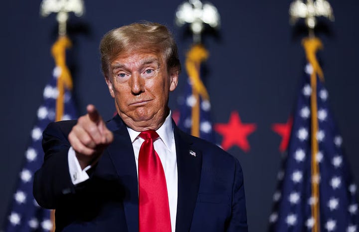 Left: Republican presidential candidate and former U.S. President Donald Trump gestures at a campaign event ahead of the Republican presidential primary election in North Charleston, South Carolina, U.S. February 14, 2024. Photo: Sam Wolfe/Reuters. Right: Jason Andrew for The New York Times. 