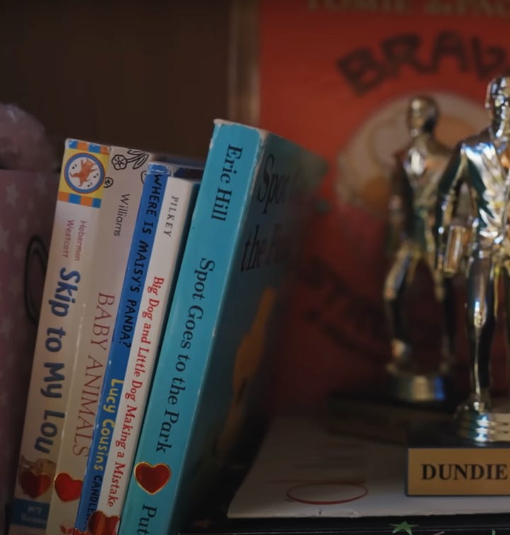 Detail shot of Jennifer Garner's kids' books and a shot of her sitting in their reading nook.