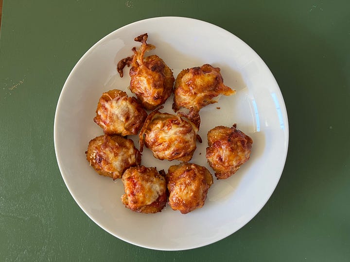 Photos of chicken nugget mini parms, in the air fryer and finished on a plate.