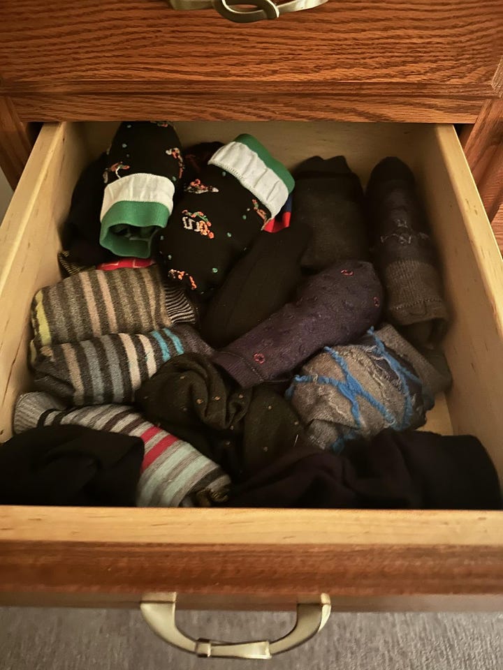 The picture on the left side shows an overflowing sock drawer. On the right, the drawer has a more comfortable amount allowing the owner to maneuver it more easily and close the drawer without a struggle.