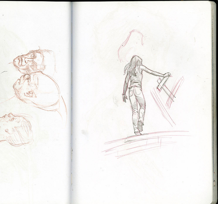 LEFT: Sketch book pages with the right featuring a young woman with long hair reaching out to rest her hand on the boards of a makeshift railing. RIGHT: Detail from the final painting showing the young woman wearing jeans and a red striped shirt.