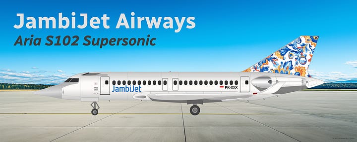 JambiJet Aria S102 Supersonic in example Batik livery, shown in side view while in midflight (L) and while parked on a tarmac (R). Deliveries are expected to begin in 2025.