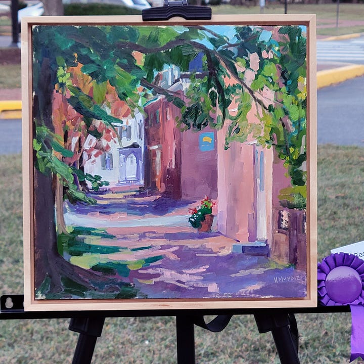 four impressionistic paintings by Kate Mundie of historic buildings in Dover Delaware.