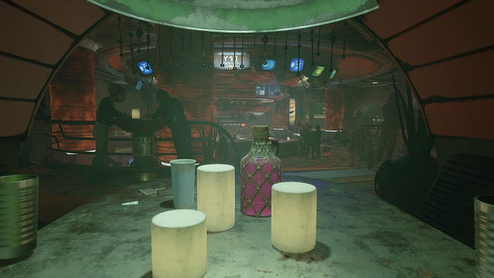 various photos depicting Makal’s Gambling Parlor, an in-universe cantina in Star Wars Outlaws