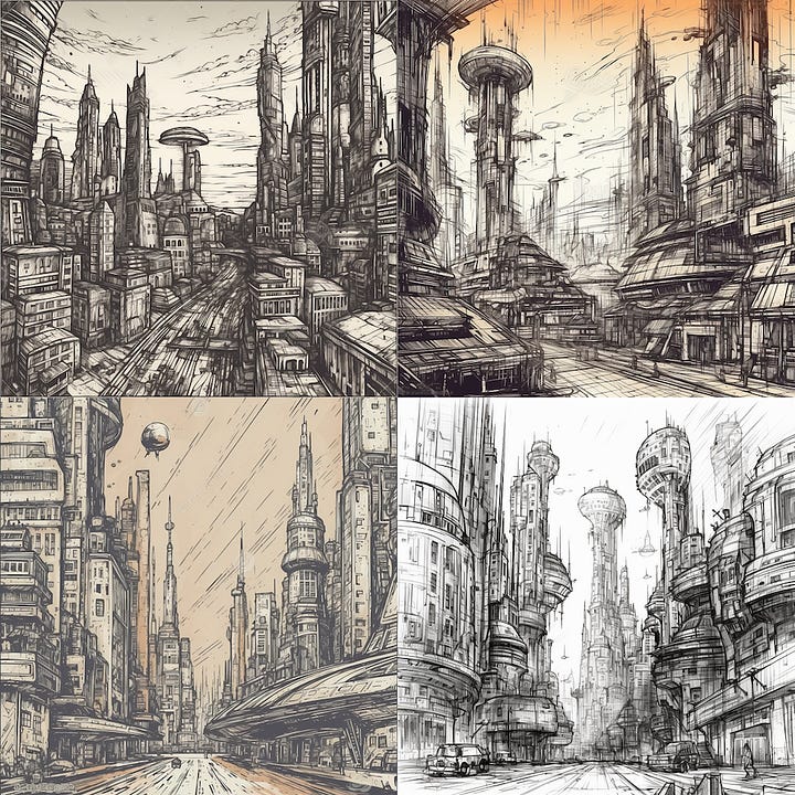 Results for "futuristic cityscape" in the top left. The other 3 images add "in hand-drawn sketch style," "in Mondrian style," and "in ukiyo-e style," respectively.