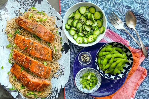 Salmon or Tofu Teriyaki Dinner, featuring One Potato Teriyaki Sauce and light Soba Noodle Dressing