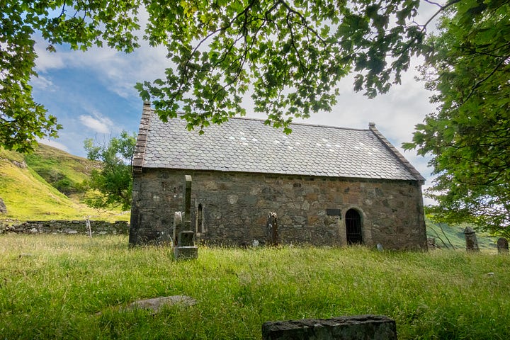 Grassy track leading to the MacLaine Mausoleum; St Kenneth's Chapel repurposed as Caibeal Mheamhair, the 'chapel of remembrance’, to house the MacLaine dead; inside the mausoleum © Felicity Martin