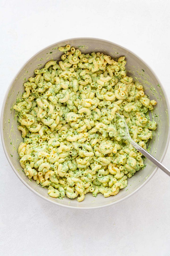 Steps for making Greek yogurt pasta salad. 