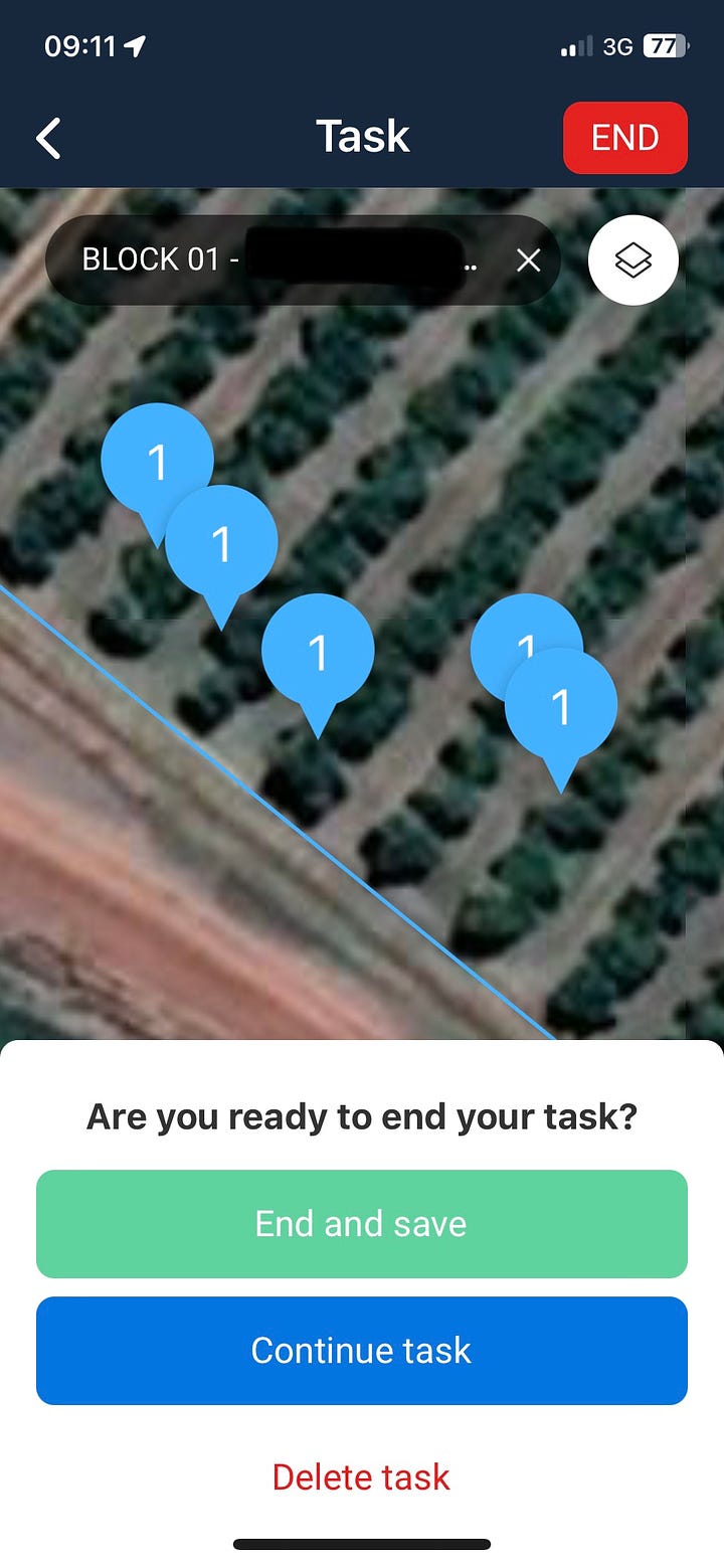 Aerobotics InField mobile application - example screenshots of in-field observations and pin waypoints