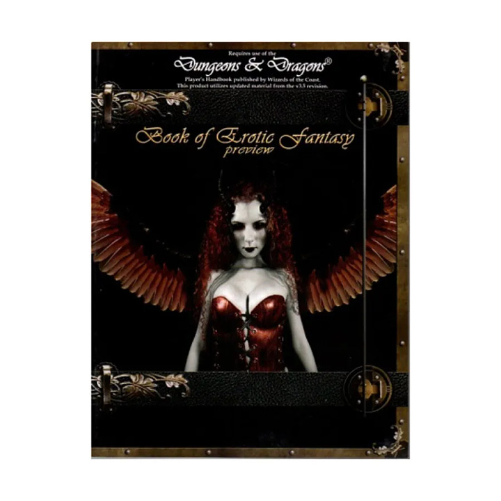 The cover of the Book of Erotic Fantasy. The cover art is a photoshopped photograph of a grey-skinned woman in a corset, on a black background. She has black eyes, grey skin, horns, and feathered wings. The book is accented with leather and gold skeuomorphic trim.