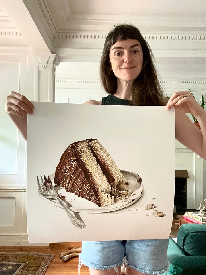 The image on the left shows me holding up a large print of a slice of cake with chocolate icing and lots of colorful sprinkles on it. It sits on a plate with a fork beside it and lots of little cake crumbs spilling over. The image on the right shows a large watercolor of panettone, with raisins and crumbs and a slice sitting to the right side of it. My hand reaches into the frame with a paintbrush above it. 