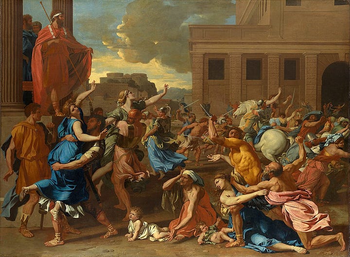 Artistic renderings of the Rape of the Sabine Women by Nicolas Poussin and Giambologna