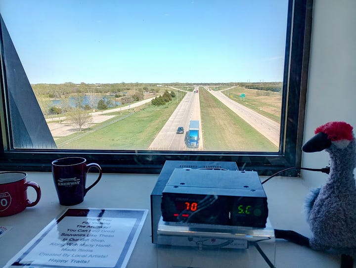 Diner counter with manikin as waitress, and view out of window, with radar detactor