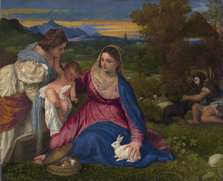 16th century painting of a hare by albrecht durer; a blue robed woman, the virgin mary, kneeling with others, her hands on a white rabbit, painted by Titian, also 16th century