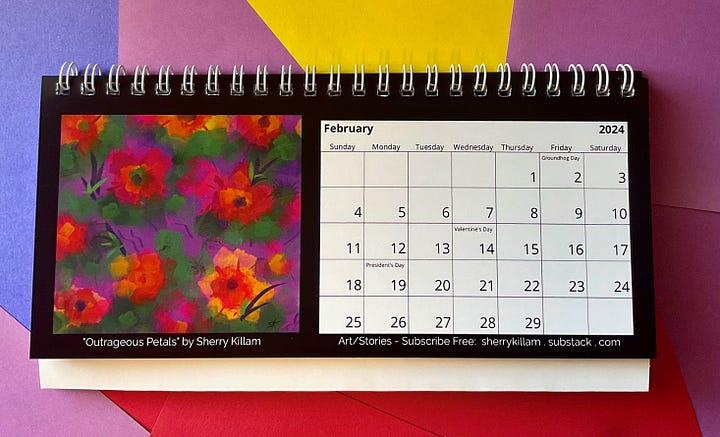 Four sample calendar pages by Sherry Killam Arts, showing a country road, a decorative pitcher, a floral, and a single leaf.