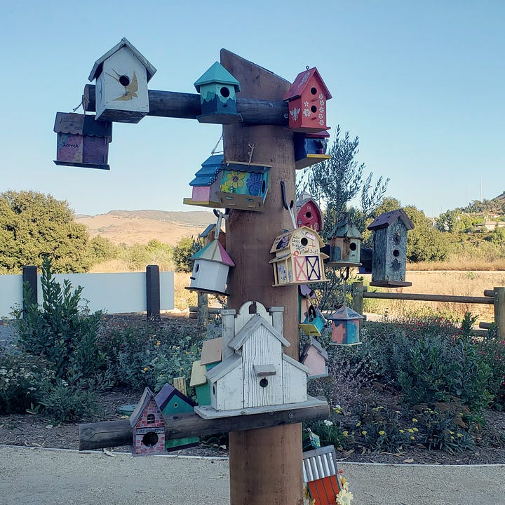 Photos of handmade birdhouses.